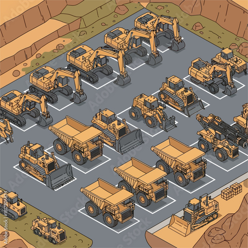 Heavy construction equipment arrayed in a neat parking lot.