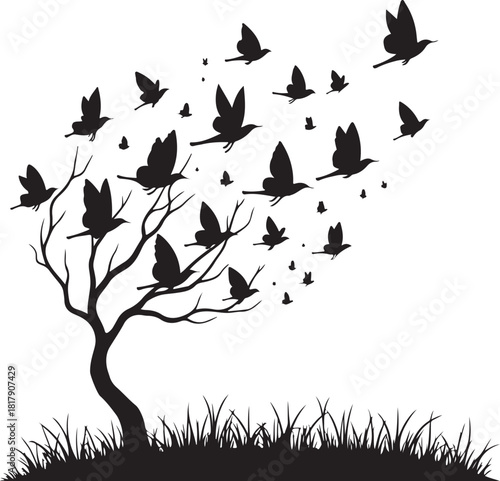 Black silhouette tree with flock of birds flying away