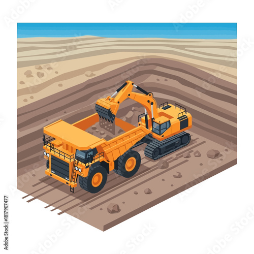Heavy duty mining excavator loading large dump truck in open pit mine.