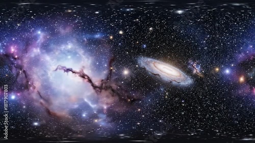 Cosmic panorama of galaxy and nebula.