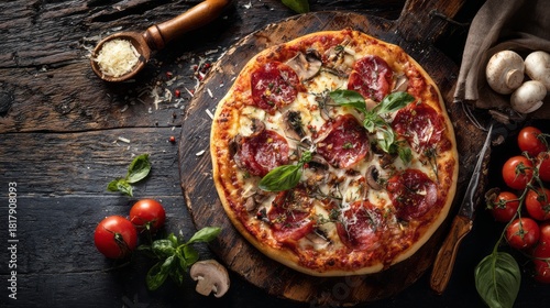 Fresh artisan pizza on rustic wooden board centered for food photography featuring golden crust melted cheese vibrant toppings and authentic italian culinary presentation