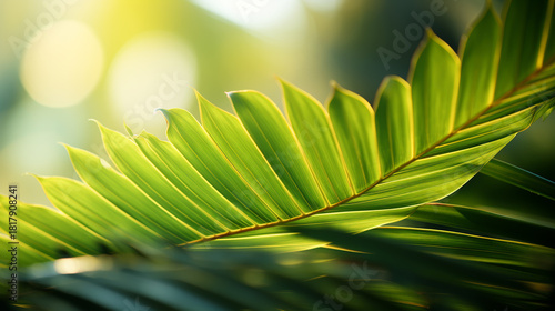 Fototapeta Naklejka Na Ścianę i Meble -  Blur beautiful nature green palm leaf on tropical beach with bokeh sun light wave abstract background.