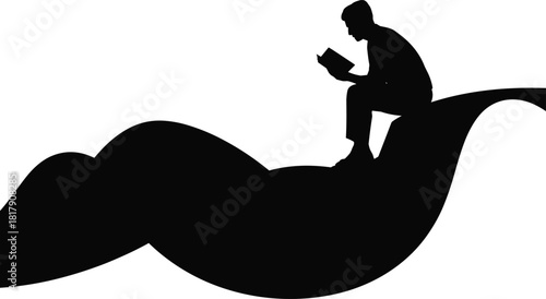 Silhouette, person, reading, book, wave, abstract, minimal, education, knowledge, learning, introspection, creativity, peaceful, calm, thoughtful, posture, curve, artistic, design, concept