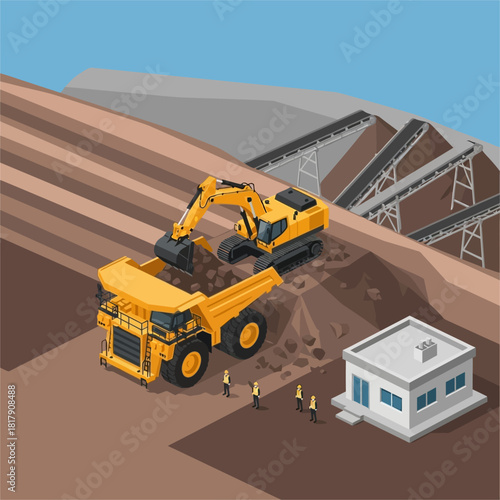 Heavy machinery loading dump truck at a mining site for resource extraction.
