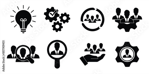 Thin line business icon set. Teamwork process symbols. Search and customer service signs isolated on white. Leadership and creativity icons in black format. Vector illustration.