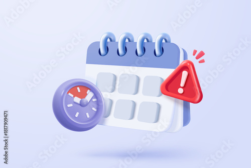 3d calendar icon signs with notice for important reminder. Calendar with red danger attention bell or emergency notifications loud concept. 3d schedule alarm warning icon vector render illustration