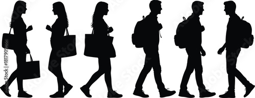 Silhouette, walking, people, motion, bag, tote, backpack, stride, casual, posture, travel, urban, black, white, minimal, abstract, gesture, lifestyle, direction, design