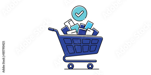 Shopping cart filled with products isolated on