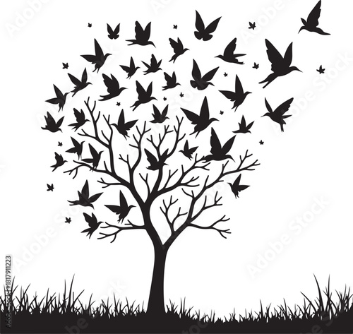Black silhouette tree with flying birds and grass white