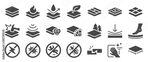 Floor icon set. It includes flooring, material, feature, wood, vinyl, and more icons. Solid style.