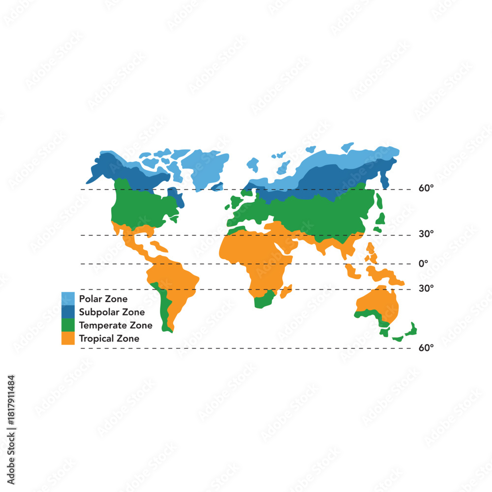 Naklejka premium Colorful world map displaying climate zones for educational resources and geography lessons showing tropical, temperate, subpolar and polar regions