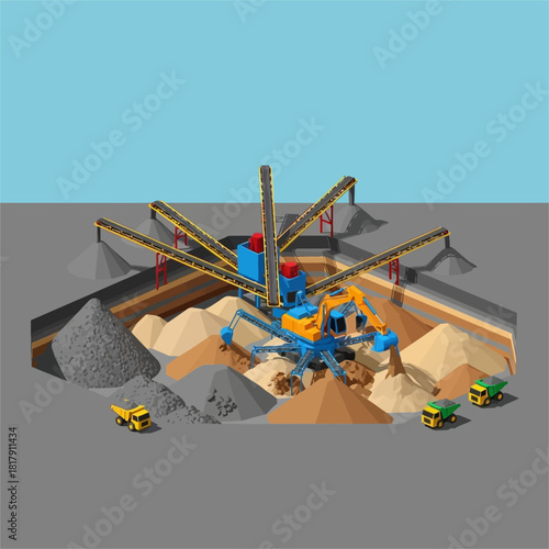 Industrial Sand and Gravel Processing Plant with Conveyor Belts and Excavators.