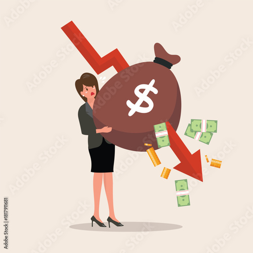 Arrow graphs fall down to attack the money bag carried by business woman