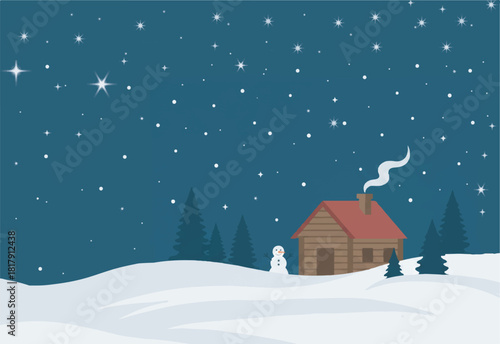 Cozy cabin nestled in a snowy winter landscape under a brilliant, star-filled night sky. christmass greeting card