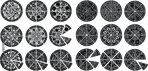 Assortment of round sliced pizza illustrations featuring varied topping patterns in a unified silhouette style