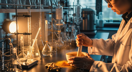 Focused woman scientist doing clinical nutrition research in modern lab. Her dedicated work in science and medicine involves pharmaceutical development in laboratory