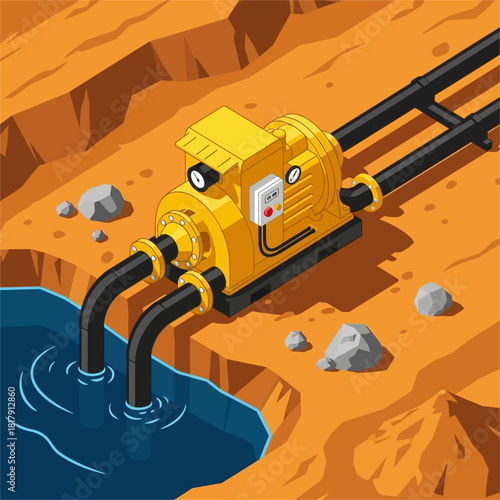 Industrial water pump extracting water from a lake for processing.