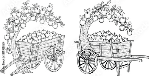 Bountiful scene showing a farm wagon overflowing with fresh apples next to a fruit bearing tree illustration