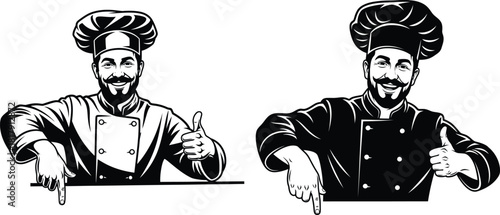 Cheerful male chef character giving a thumbs up and pointing down with space for text