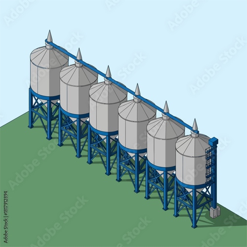 Industrial storage tanks arranged in a row on elevated platforms.