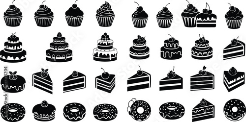 Collection of diverse sweet baked goods vector icons featuring cupcakes, tiered cakes, and frosted donuts