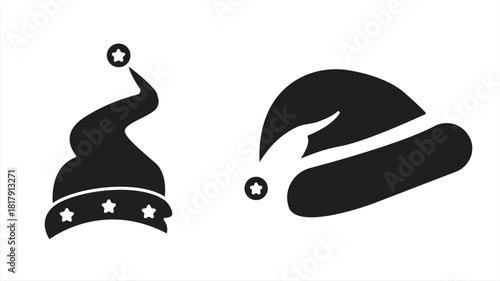 Santa hat icon set, a collection of Santa hats, with various shapes and festive New Year's decoration elements. Vector illustration.