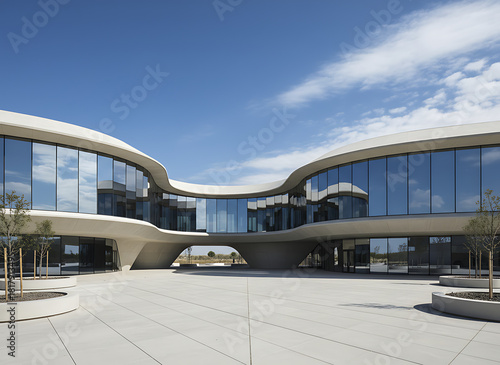 Abstract architecture, architectural background, Curved glass building for car presentation backdrop with empty concrete floor, 3d rendering, Futuristic / Modern Architectural Design