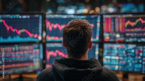 Over the shoulder view of a trader intently monitoring stock market trends on multiple computer monitors in a trading environment, finance concept.