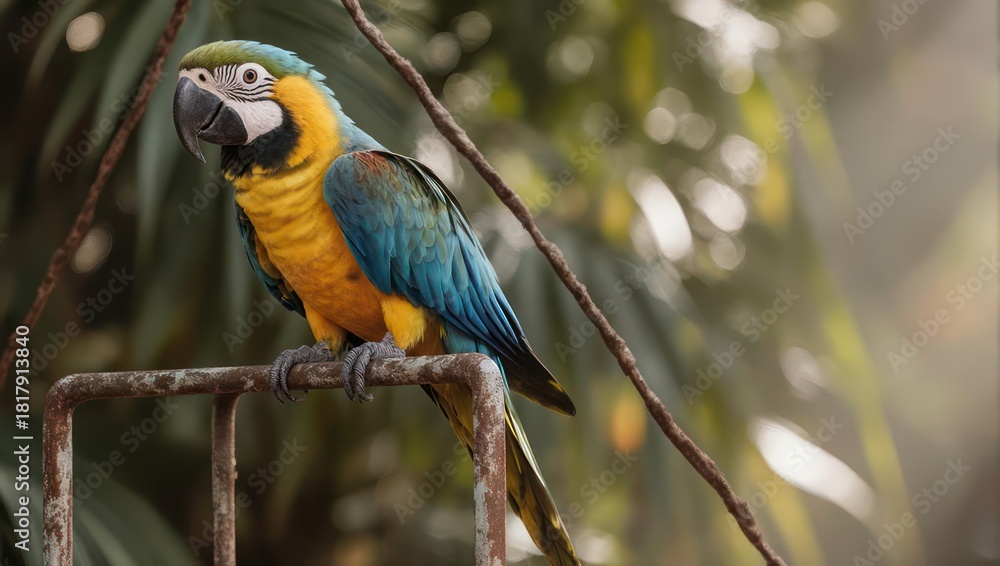 Fototapeta premium Vibrant Blue and Gold Macaw Perched on Metal Structure.