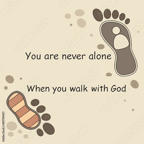 Footprints in the Sand Christian Inspirational Artwork with Pebble Foot Shapes and Encouraging Quote – “You Are Never Alone When You Walk with God”