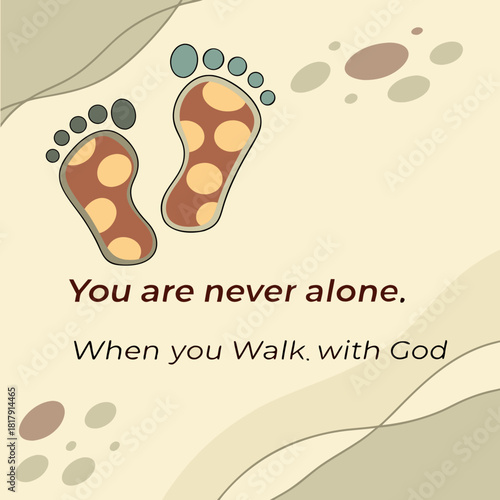 Footprints in the Sand Christian Inspirational Artwork with Pebble Foot Shapes and Encouraging Quote – “You Are Never Alone When You Walk with God”