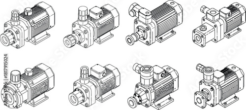 Collection of various centrifugal pump isometric line drawings illustrating industrial water circulation equipment