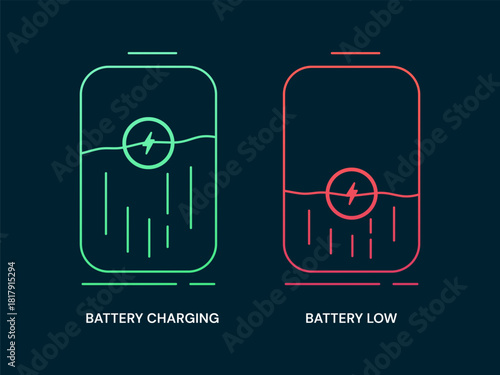 Electric Vehicle battery charging Status Interface with minimalist Battery Storage outline symbols Battery Charging, Low vector design concept. EV charging dashboard for ui, ev car, web.