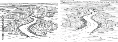 Detailed line art drawing of a winding river flowing through a deep rocky canyon landscape