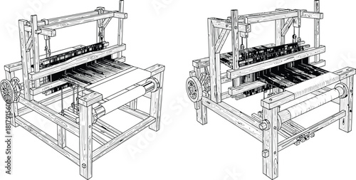 Detailed line drawings showing two traditional wooden weaving looms with intricate threads and mechanisms