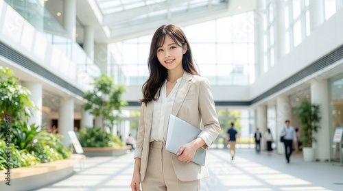 ノートパソコンを持つカジュアルスーツを着た笑顔の女性