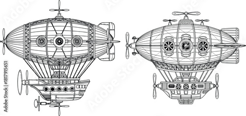 Detailed steampunk airship schematic with multiple propellers and gondola presented in two distinct orientations