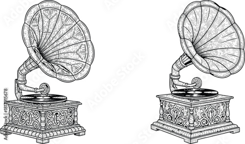 Detailed vintage gramophone illustration with an ornate wooden base and classic sound horn playing music