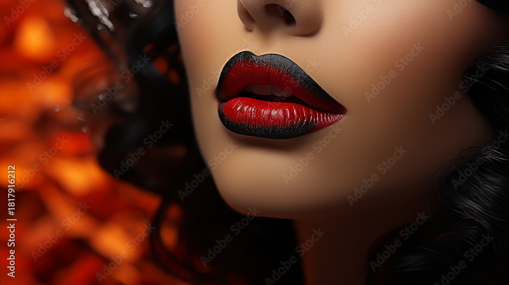 Fototapeta premium beautiful woman lips with red matt lipstick. Cosmetology, drugstore or fashion makeup concept. Beauty studio shot. Passionate kiss
