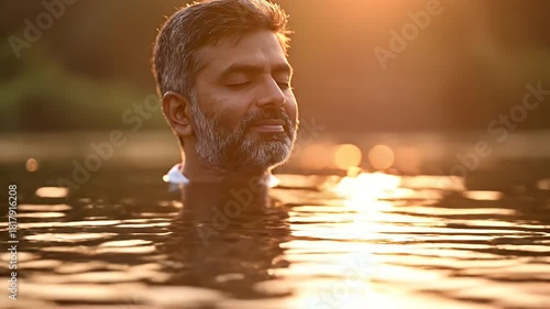 Wallpaper Mural A man practicing meditation in a peaceful outdoor setting during sunset, sitting cross-legged on a rock by a calm lake with lush greenery around him Torontodigital.ca