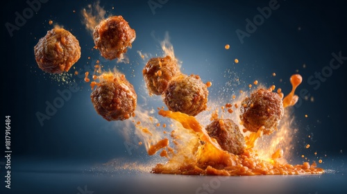 Flying meatballs in mid-air with dynamic tomato sauce explosion in a realistic cinematic food photography style featuring perfect lighting and dramatic motion for creative culinary visual concepts