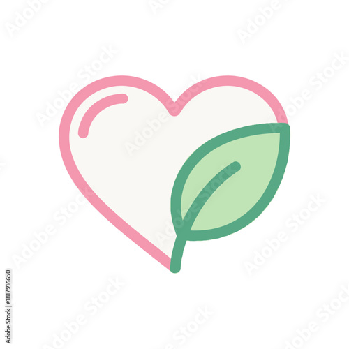Pastel 2D flat icon of a single heart with a leaf symbol representing humanitarian kindness, sustainability, and compassion for people and nature.