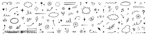 Cute line sketch star, arrow, heart design element icon set. Hand drawn sketch doodle cute star, heart, flower element. Line text decoration scribble decoration icon. Hand drawn Vector illustration
