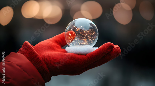 Person wearing a red knit mitten holds a clear glass snow globe with golden glittering particles inside