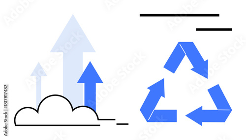 Arrows emerging from a cloud signify growth and progress triangular arrows depict recycling. Ideal for sustainability, eco-awareness, growth, innovation, progress, environmental goals