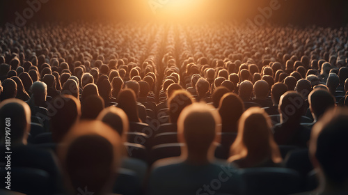 Silhouettes of a large audience seated in rows facing bright sunlight or stage lights