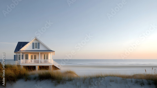 Elevated white beach house with blue roof stands on sand dunes overlooking the calm ocean at sunrise
