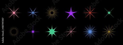 Retro sparkle stars set. Y2K abstract shapes. Brutalism star icons. Flat Vector illustration.
