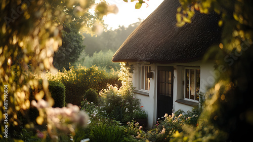 Small whitewashed cottage with thatched roof nestled in a sunlit lush summer garden