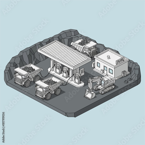 Isometric Fuel Station with Mining Trucks and Excavator.